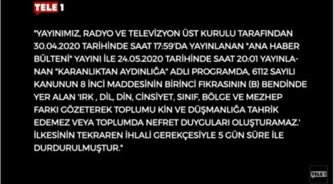 TELE1 ekranı beş günlüğüne karartıldı