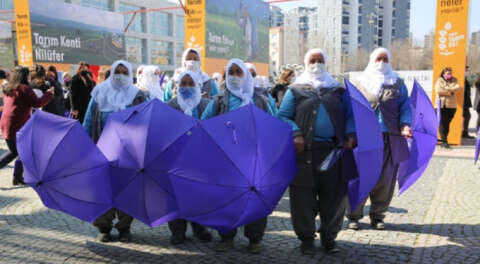 Kadınlardan mor şemsiyelerle 'Kadın Sembolü'