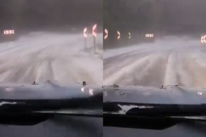Bursa'da dolu yağışı yolu beyaza bürüdü