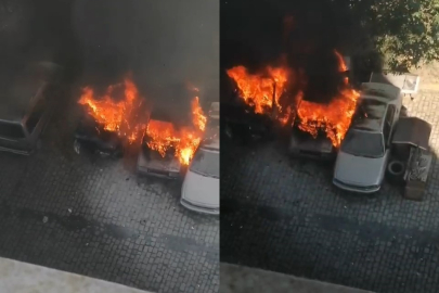 Sitenin bahçesinde park halindeki otomobiller alev topuna döndü