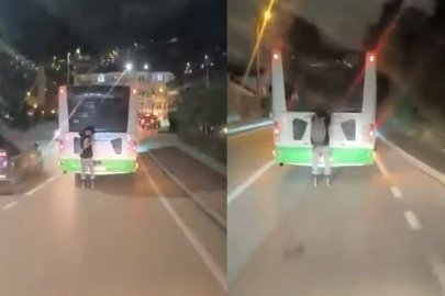 Otobüsün arkasında tehlikeli hareket!